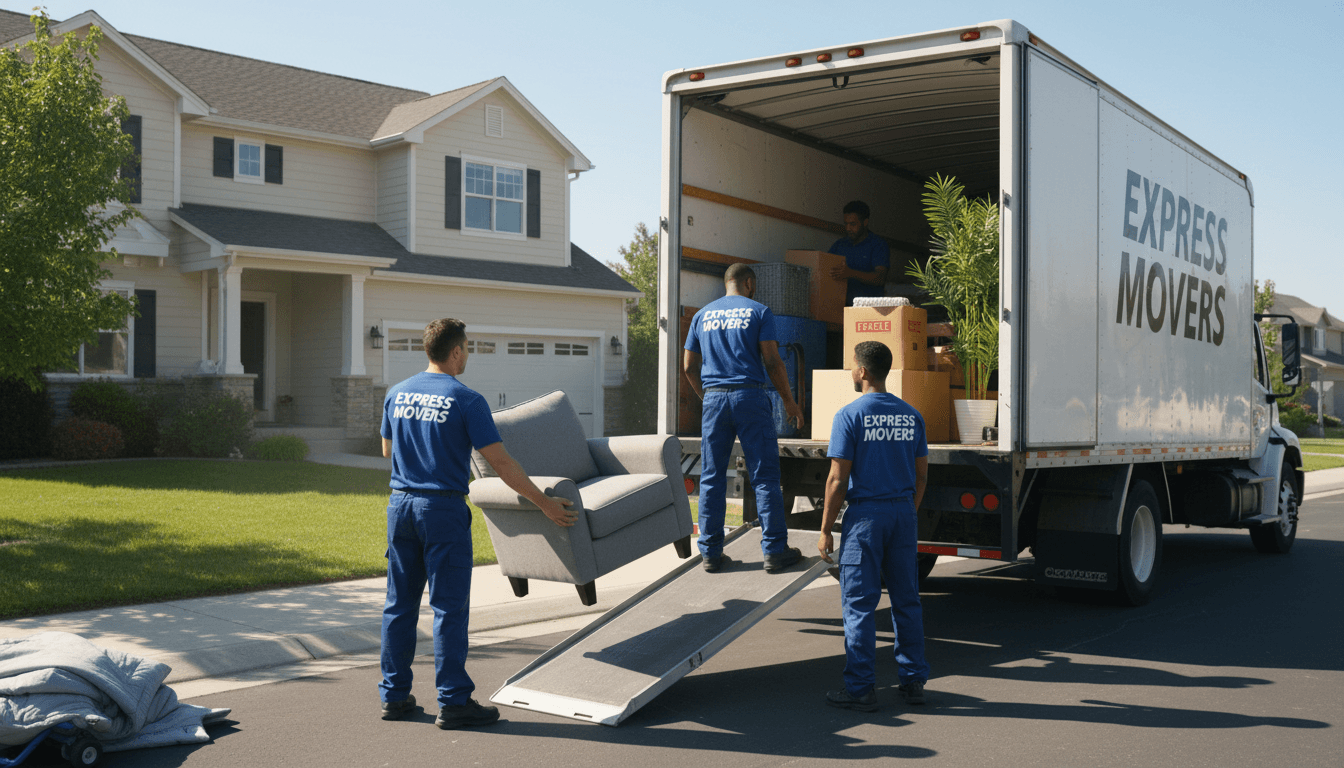 Professional moving team loading a truck with household items